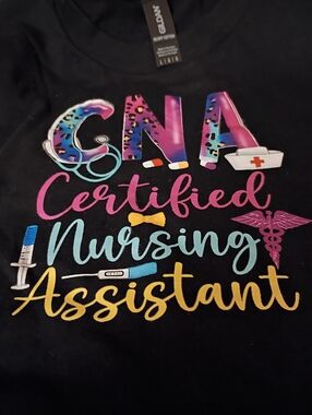 Gildan Black Tee with Pink, Teal, Gold, Purple and Blue CNA Graphic